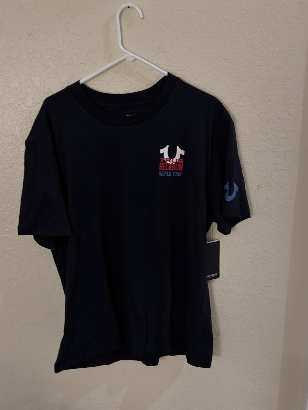 True Religion Black Short-Sleeve Logo Tee with Blue Sleeve Accent